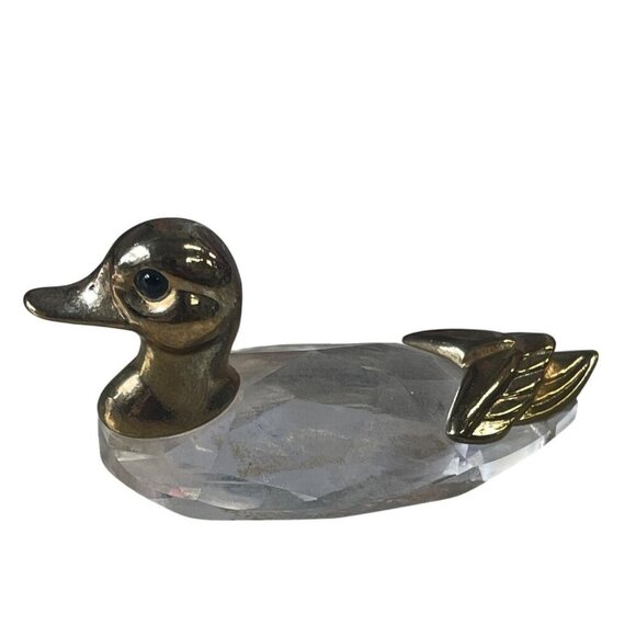 Vintage Gold & Crystal Duck Figurine Paperweight With Faceted Clear Body - Picture 1 of 4